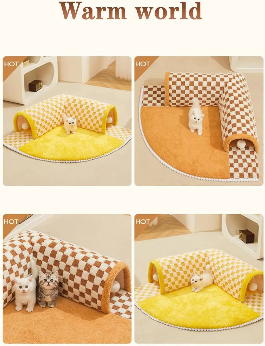 Plush plaid cat tunnel bed with central mat in brown colour, showing collapsible tunnel and non-slip bottom