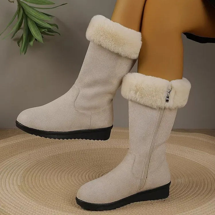 Fleece-lined mid-calf snow boots with waterproof platform, flat heel, round toe, beige and black colours