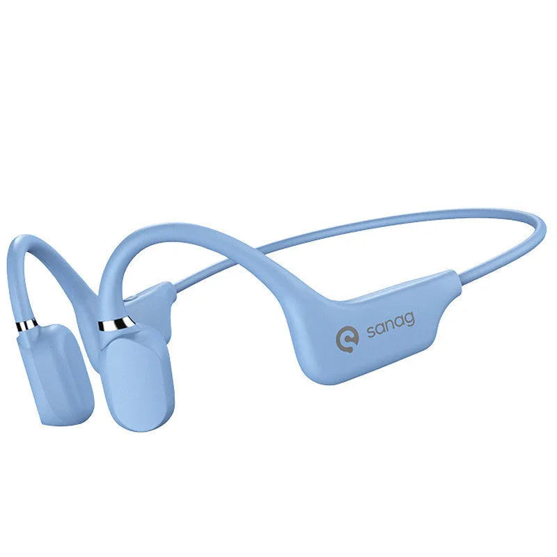 Wireless bone conduction Bluetooth sports headset in hanging neck design on a person running.