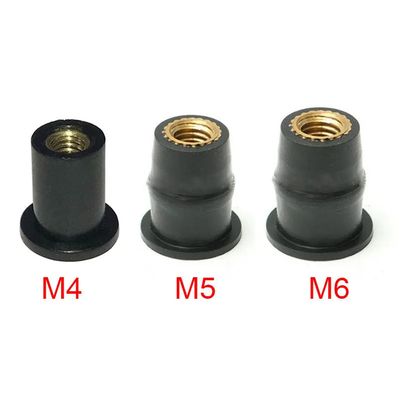 Black rubber motorcycle windscreen fasteners with brass threads in M4 M5 M6 sizes