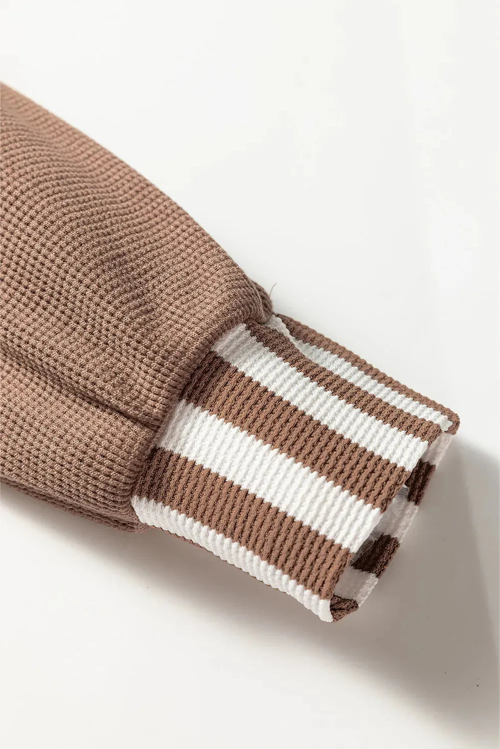 Straw yellow waffle texture striped patchwork hoodie with button neck and drawstring waist