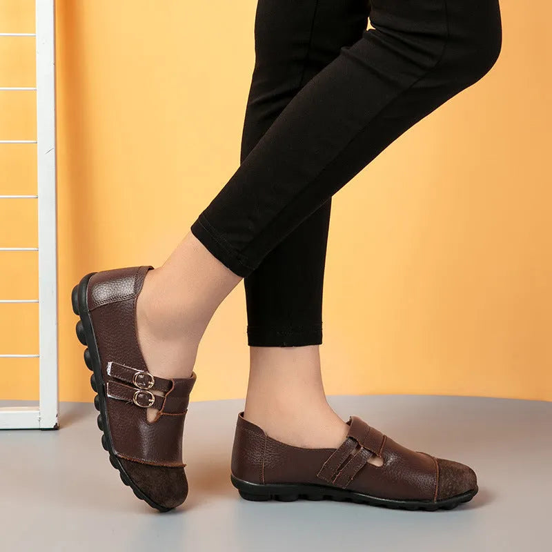 Women's plus size casual Velcro flats with button detail and round toe in leather