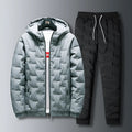 Men's autumn winter suit set with hooded long sleeve polyester jacket and matching trousers in black and grey options