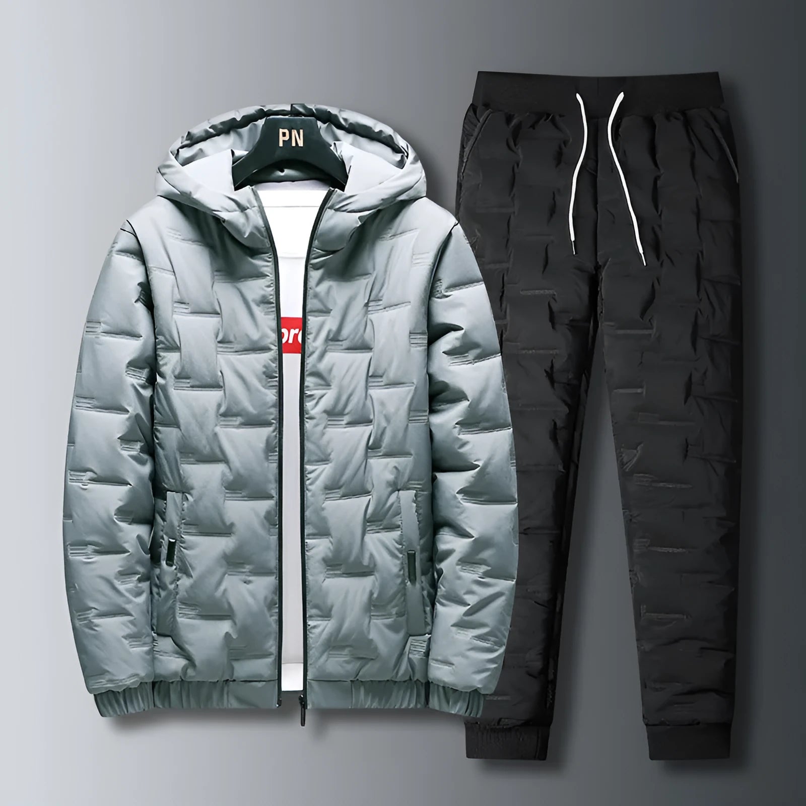 Men's autumn winter suit set with hooded long sleeve polyester jacket and matching trousers in black and grey options