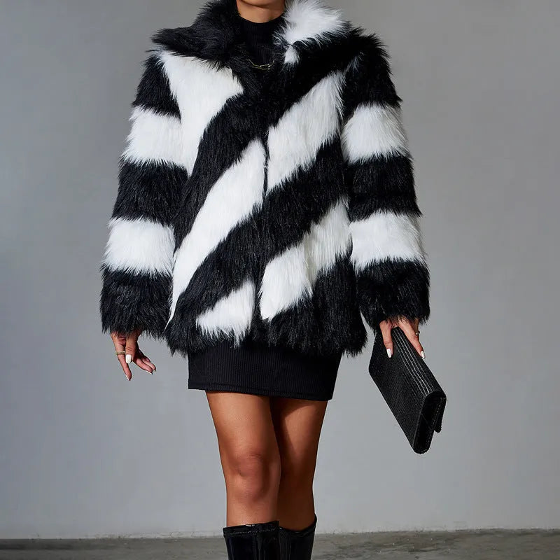 Women's faux fur coat with contrast colour lapels and removable fur collar in mid-length design