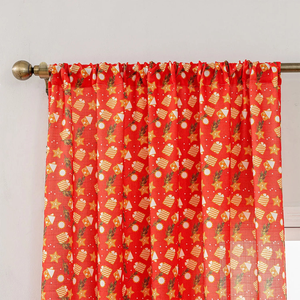 Green and red Christmas curtain with printed snowman and angel cartoon design