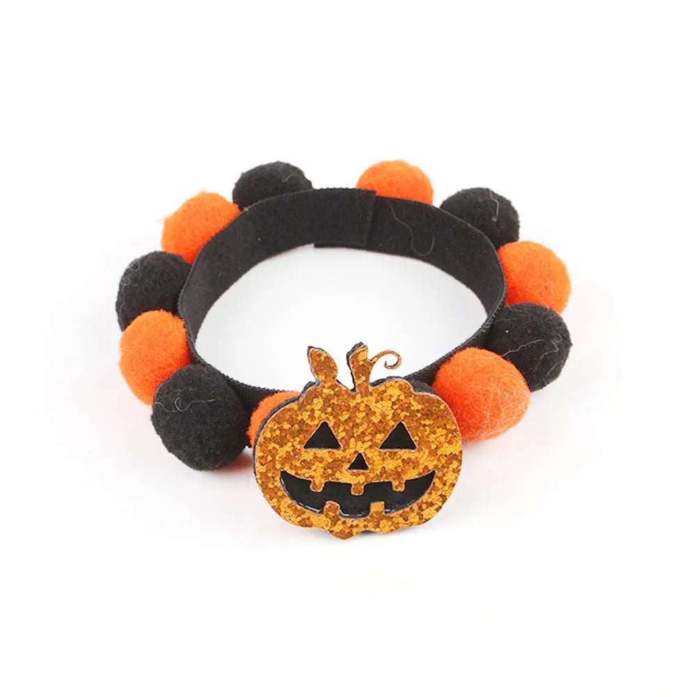 Halloween pet collar with fur ball decoration in pumpkin design available in S, M, L sizes
