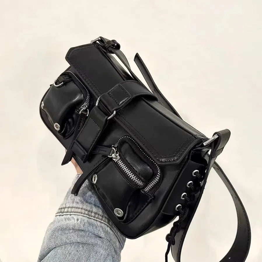 Black PU leather women's baguette messenger bag with adjustable crossbody strap