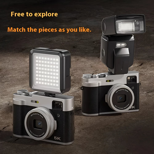 Black and brown 5K digital camera with dual lenses, optical viewfinder, and 2.88-inch screen