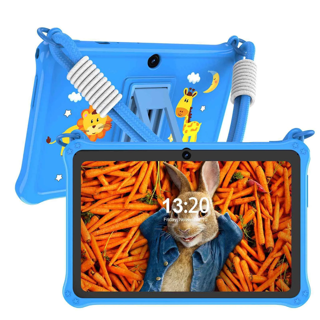 Blue silicone protective case for 7-inch children's tablet with flat carrying strap
