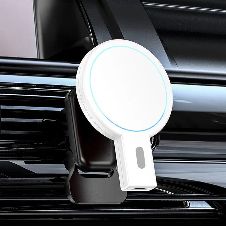 Black and white magnetic wireless charger on a table with dimensions 85.2mm x 58.4mm x 29.5mm