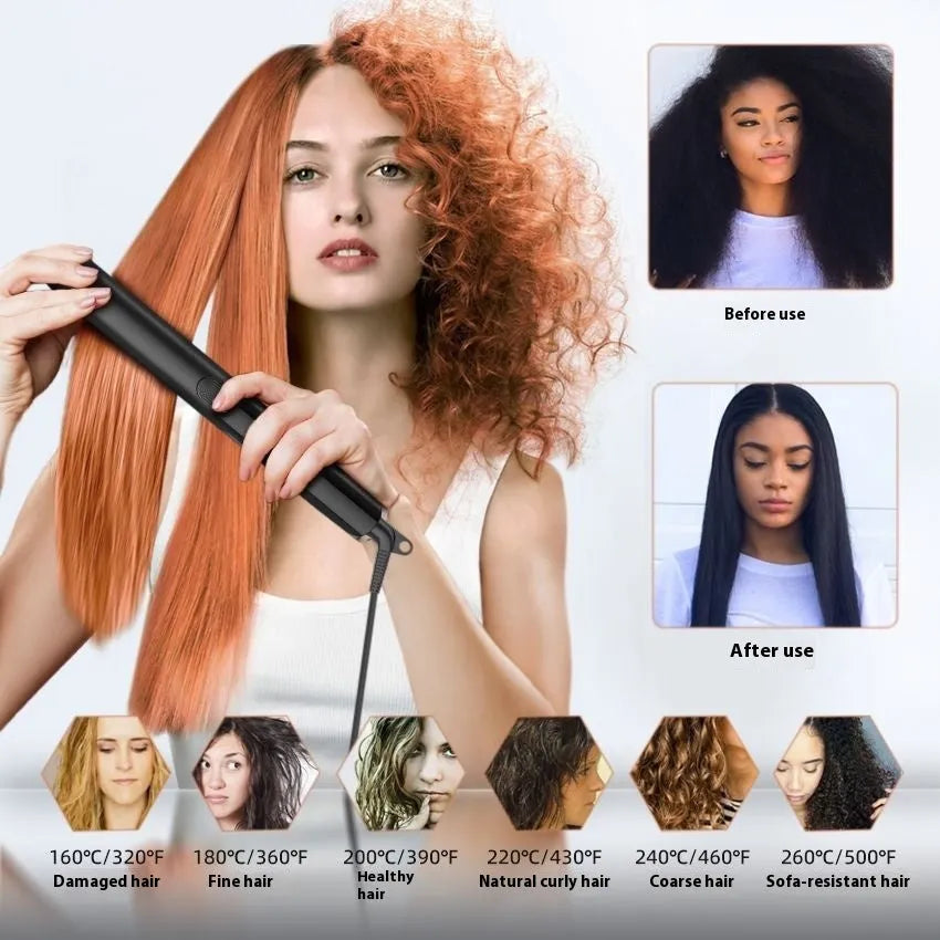 White ceramic hair straightener with temperature display showing 207°C setting