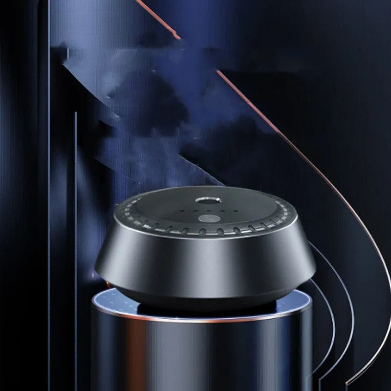 Black car aroma diffuser with USB charging and timing controls for vehicle use