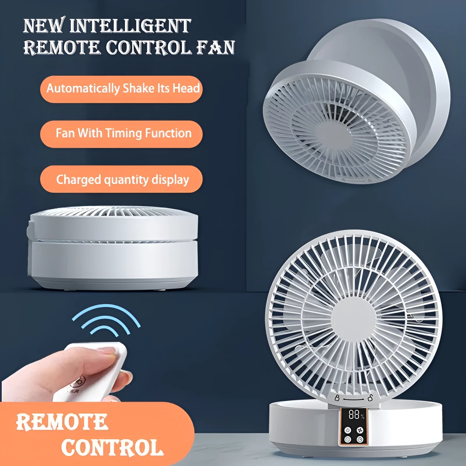 White portable rechargeable folding fan with remote control and night light on desktop