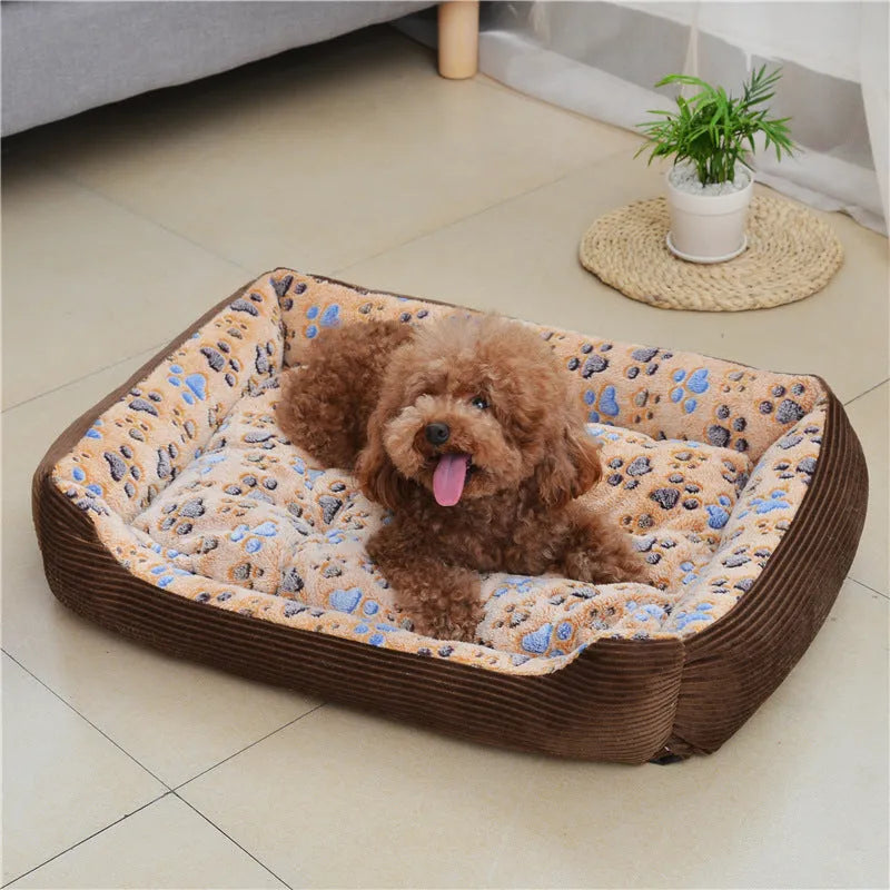 Plush fabric dog bed with foam cushion in beige, camel, or pink colour options