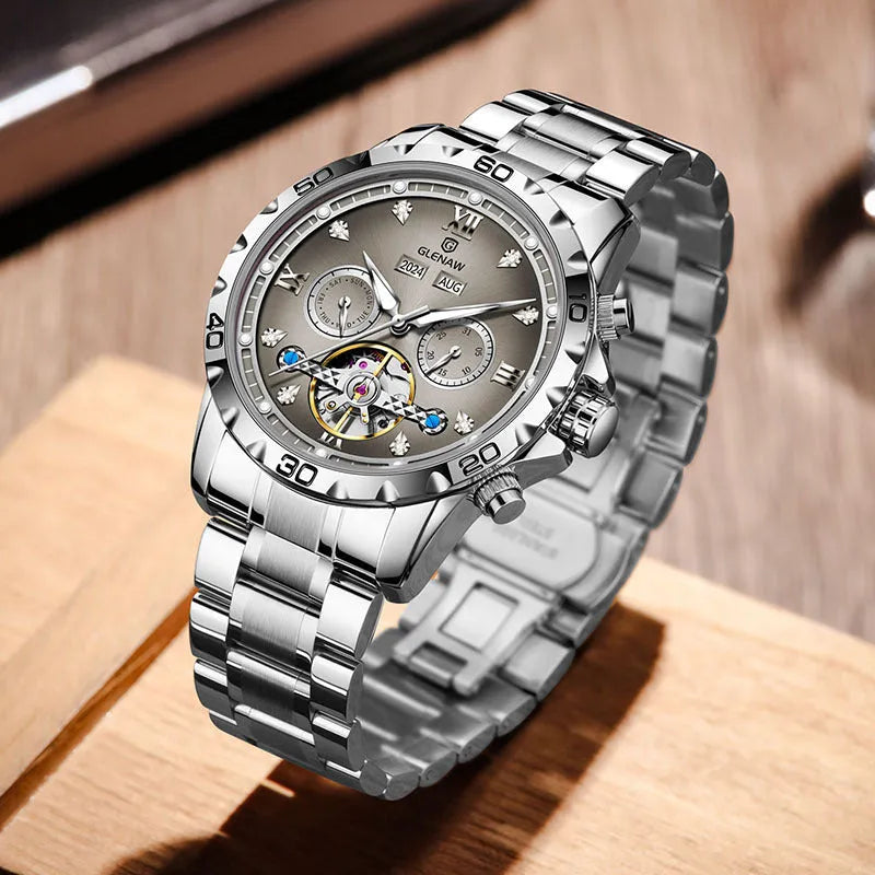 Men's automatic mechanical watch with stainless steel strap and business style design