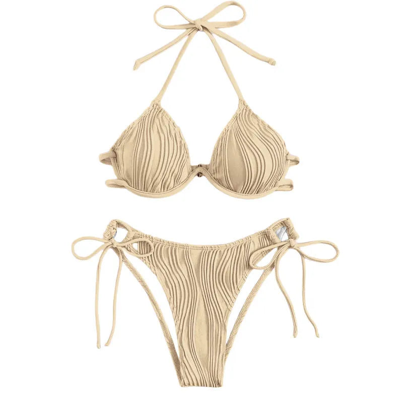 Women's black bikini set with halter neck top featuring a steel bracket and high-waisted bottoms.
