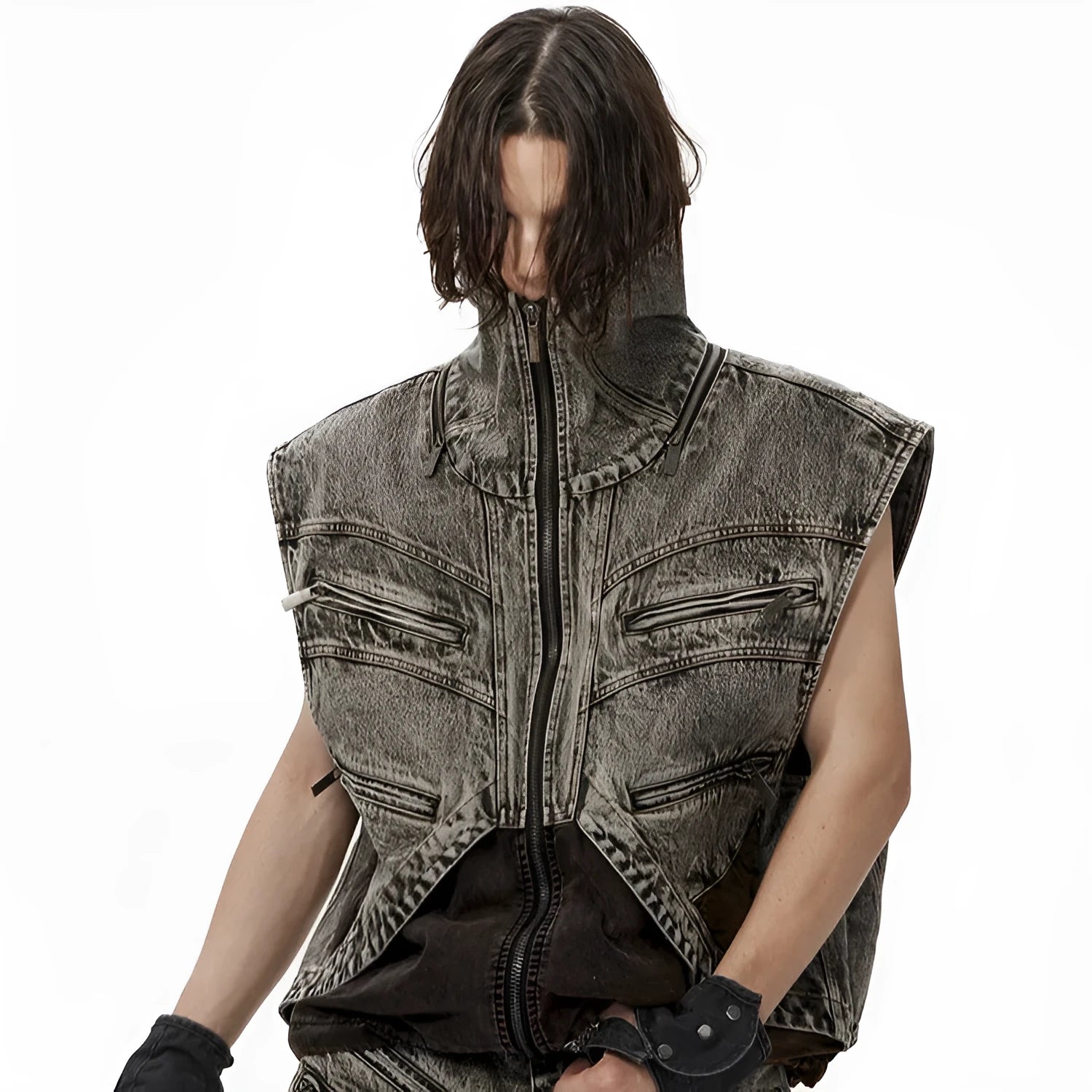 Men's denim vest jacket with zipper front closure in sleeveless summer style