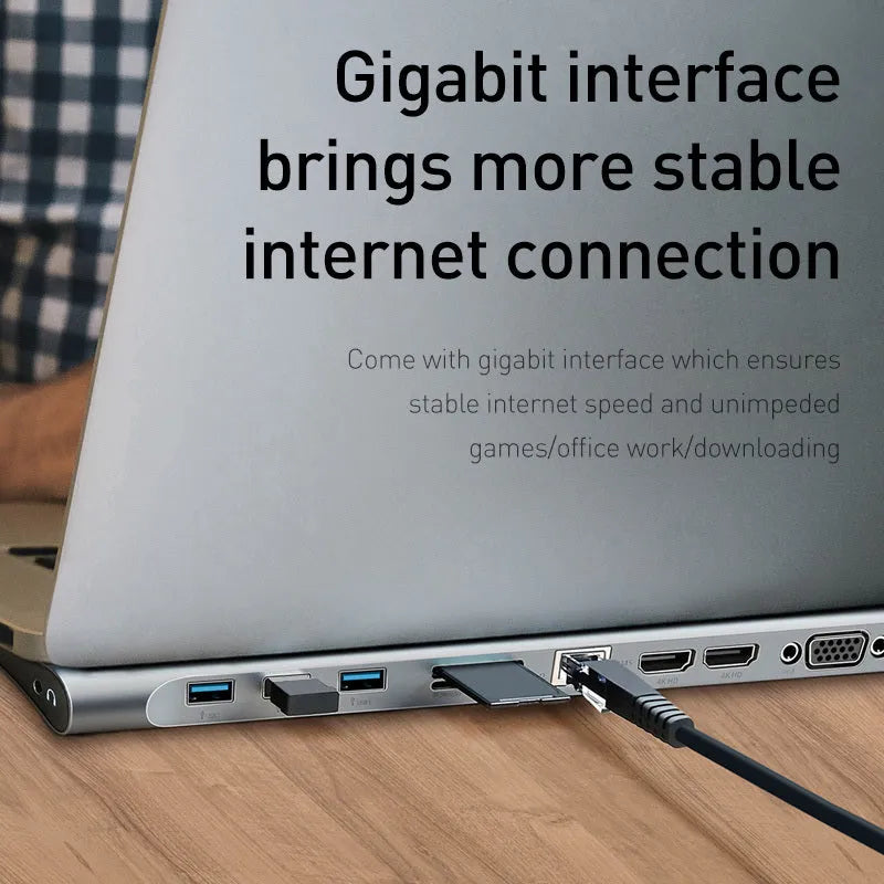 Grey ten-port hub docking station with cooling bracket showing HDMI, VGA, and USB ports