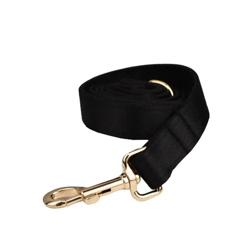 Cloth dog collar and leash set with matching harness vest and decorative bow in assorted colours.