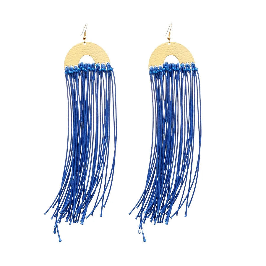 Women's geometric cloth earrings with silver needle and blue resin flower decorative details