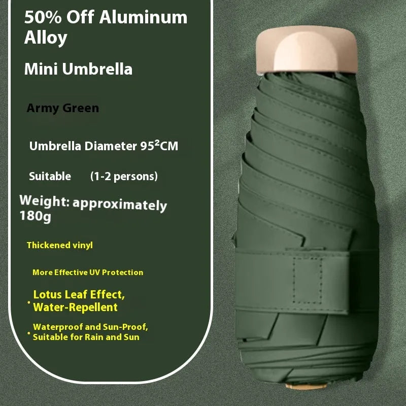 Five-fold compact umbrella with gradient vinyl canopy and manual open handle.