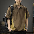 Men's brown half zip stand collar shirt with short sleeves and loose fit