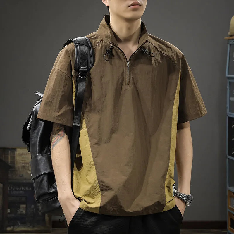 Men's brown half zip stand collar shirt with short sleeves and loose fit