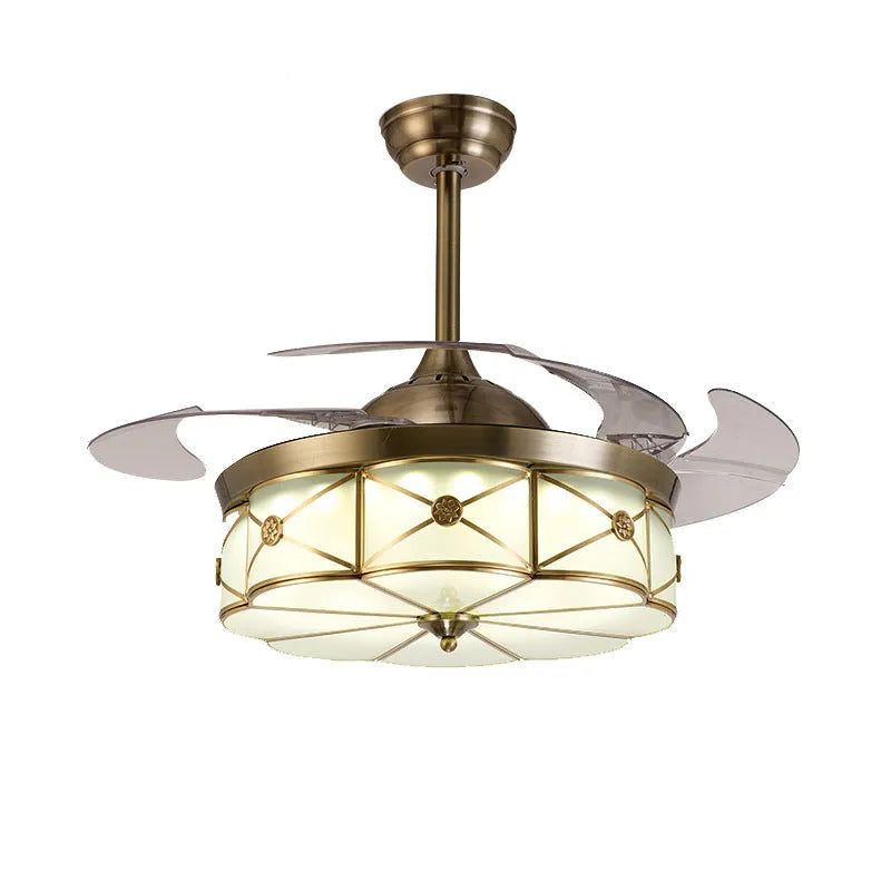 Gold 42-inch ceiling fan light with invisible blades and remote control on a white background.