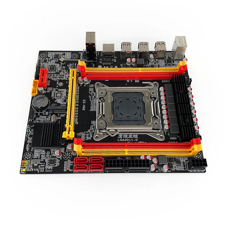 X79-VG2 desktop motherboard with LGA 2011 socket, PCIe slot, DDR3 slots, and rear I/O ports.