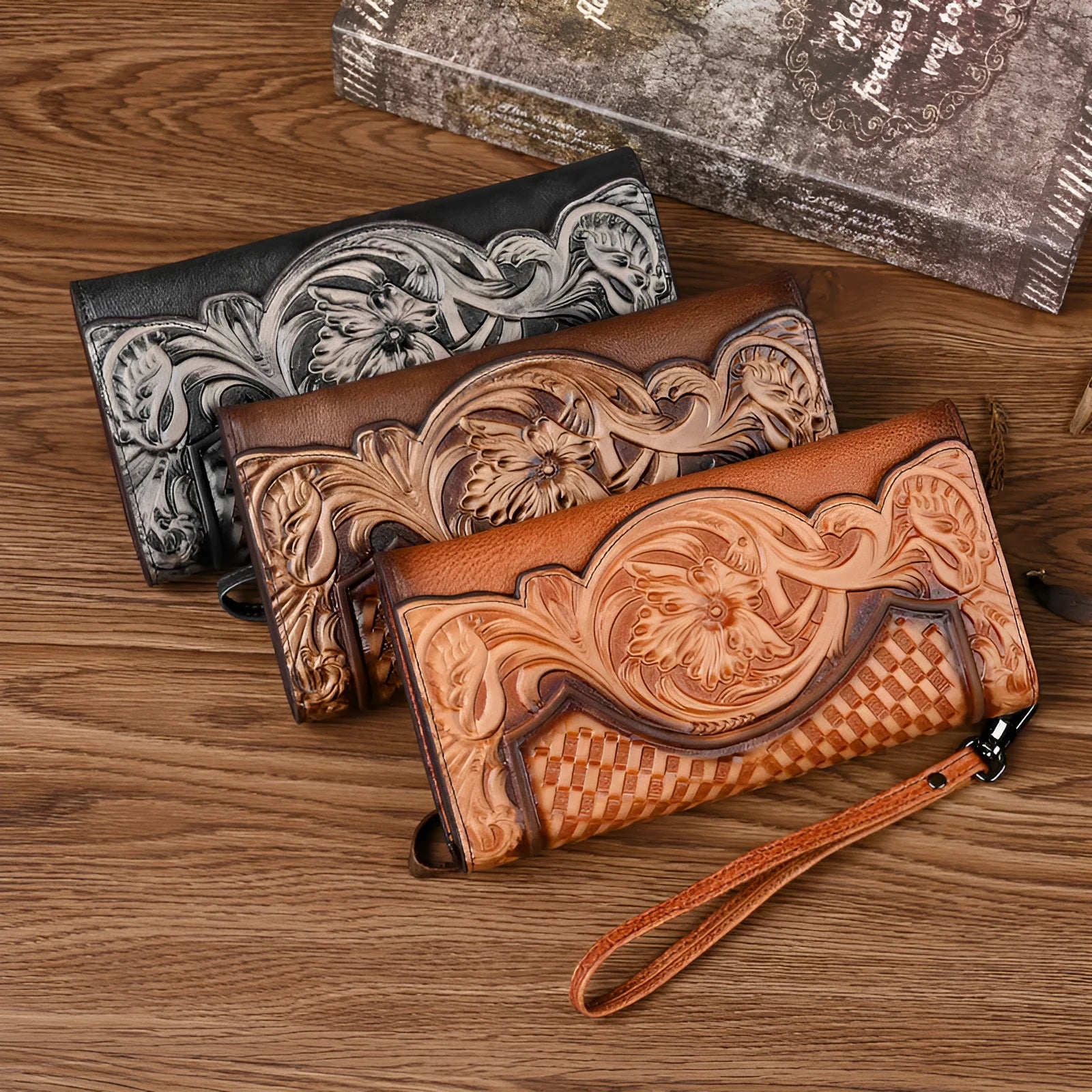 Women's Chinese-style embossed leather tri-fold wallet in retro brown with floral pattern detailing