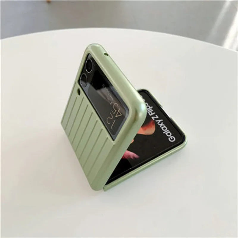 Samsung Z Flip3 ultra-thin flip case in solid colours, showing PC material construction for folding screen protection.
