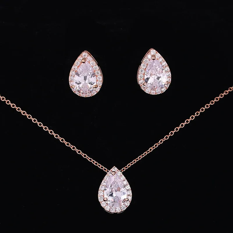 Water drop gemstone necklace and earrings jewellery set in copper and zircon, adjustable chain 51-80cm, rose gold finish