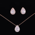 Water drop gemstone necklace and earrings jewellery set in copper and zircon, adjustable chain 51-80cm, rose gold finish