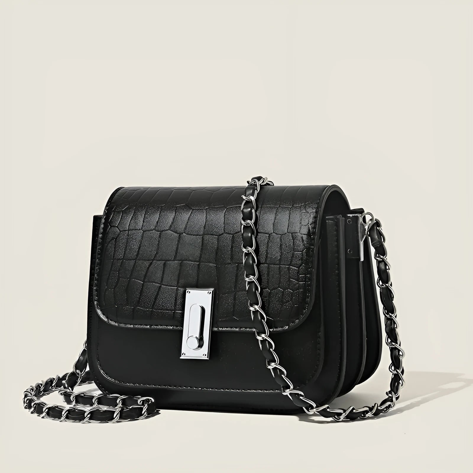Women's soft PU leather shoulder bag with chain strap in horizontal square shape showing sandwich pocket design