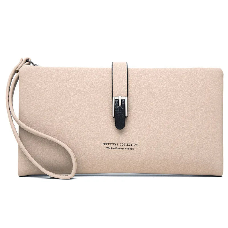 Long female wallet simple clutch in PU leather, solid brown colour, showing slim 19.5cm by 11cm design
