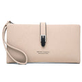 Long female wallet simple clutch in PU leather, solid brown colour, showing slim 19.5cm by 11cm design