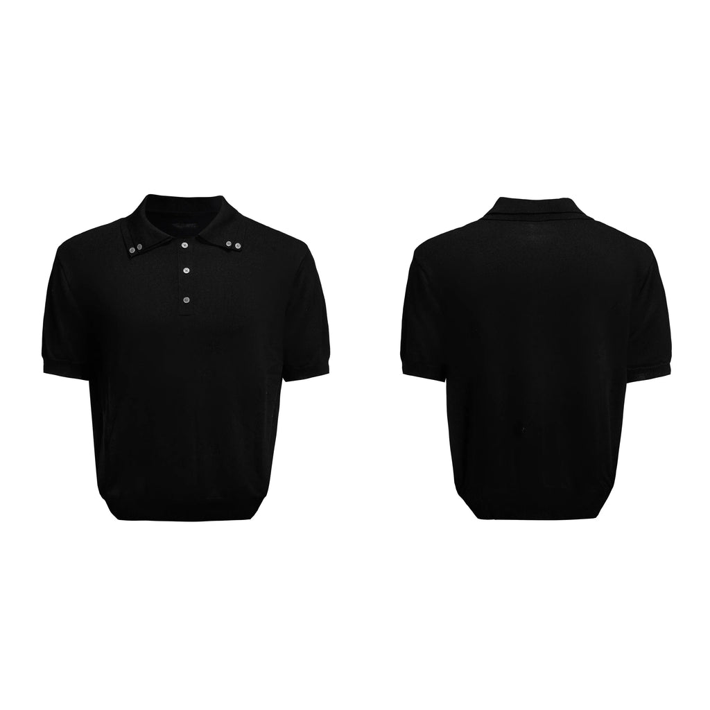 Men's double collar short sleeve polyester shirt in black with lapel design and fastener decoration