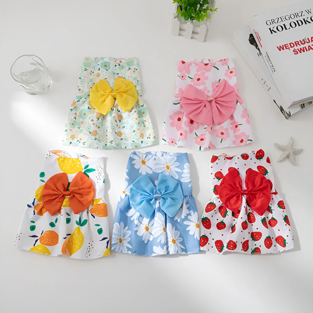 Ultra-thin summer pet dress for dog or cat with decorative floral butterfly knot bow.