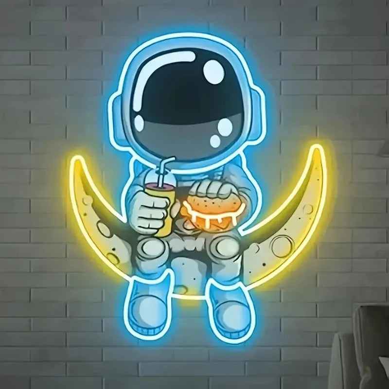 Astronaut wall mounted neon light in blue lemon yellow with USB cable, 30x35cm plastic shell for indoor decoration