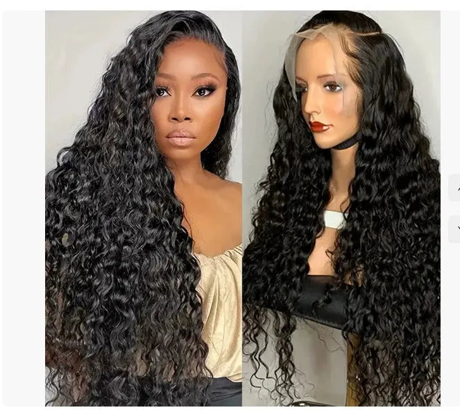 Curly human hair lace front wig on a stand, showing a 13x6 lace front and long, dark curly hair.