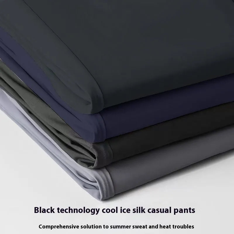 Men's solid colour Ice Silk loose-fit straight-leg trousers in black, dark blue, and light grey.