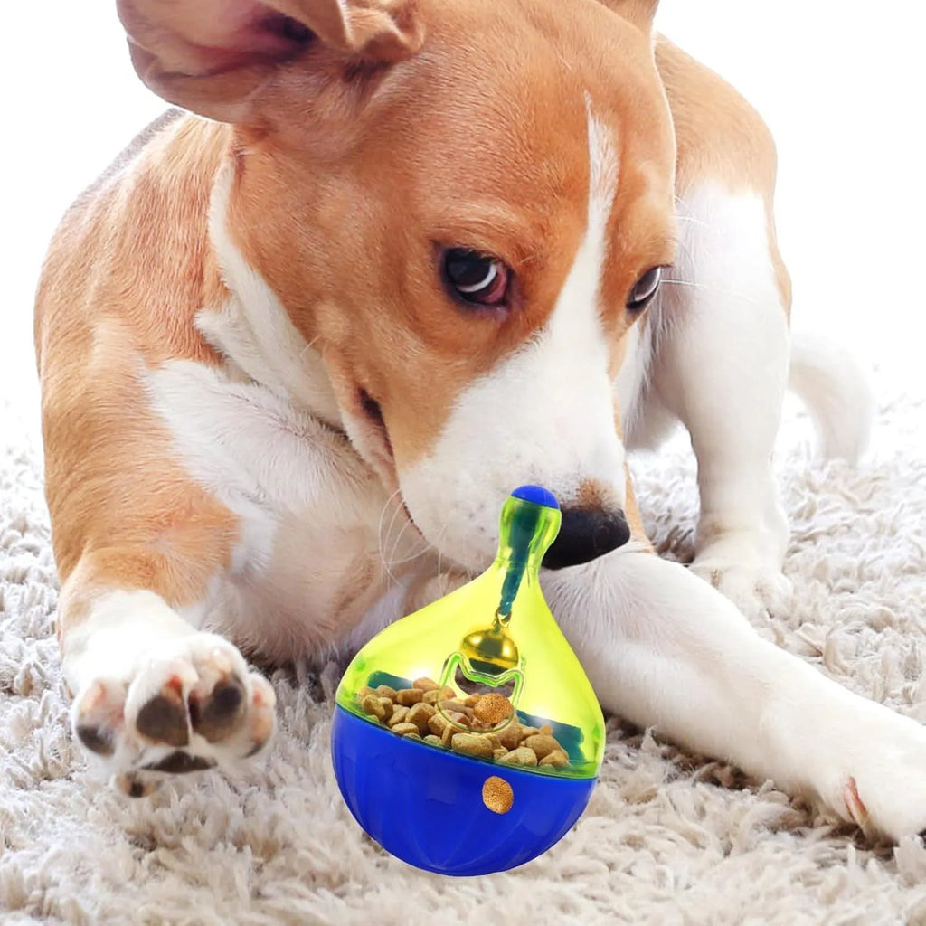Blue tumbler-shaped pet treat dispenser ball for dogs cats slow feeding toy