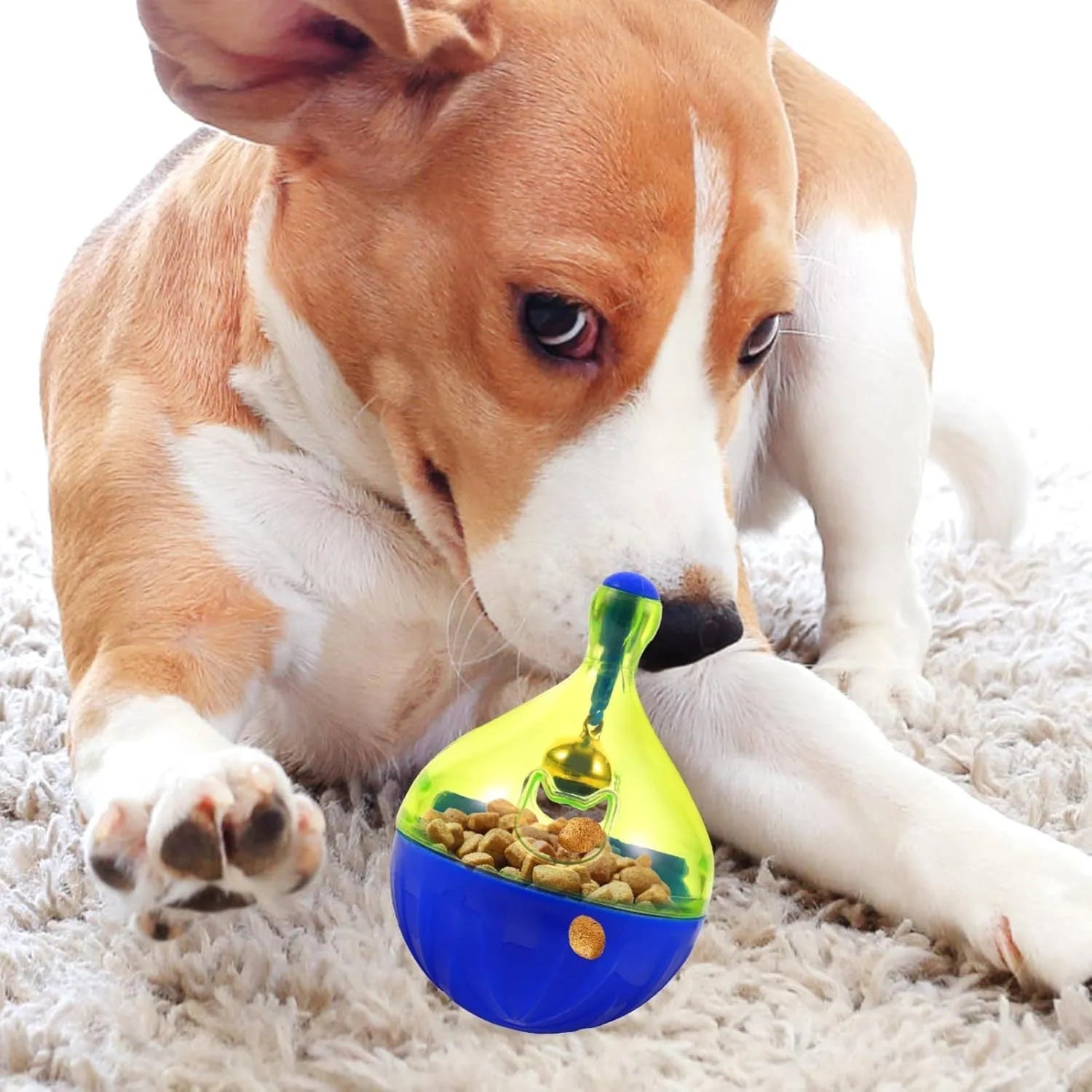 Blue tumbler-shaped pet treat dispenser ball for dogs cats slow feeding toy