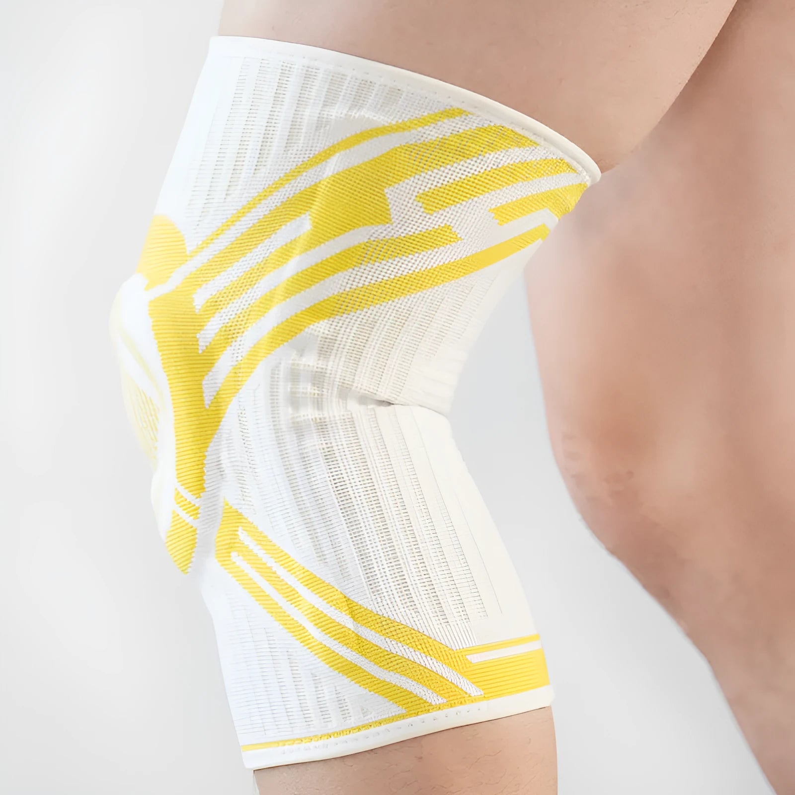 Blue, yellow, and grey high elasticity cotton knee pads for adult sports like basketball and running.