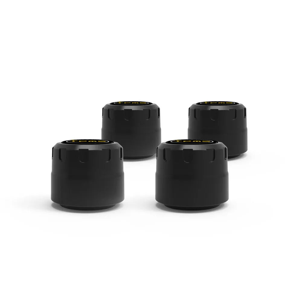 Black Bluetooth automotive tyre pressure monitoring system with four external sensors and a wrench.