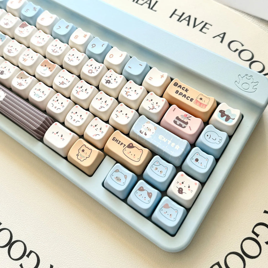 Sea Salt Cat theme PBT keycaps for mechanical keyboards showing sublimation printed artwork