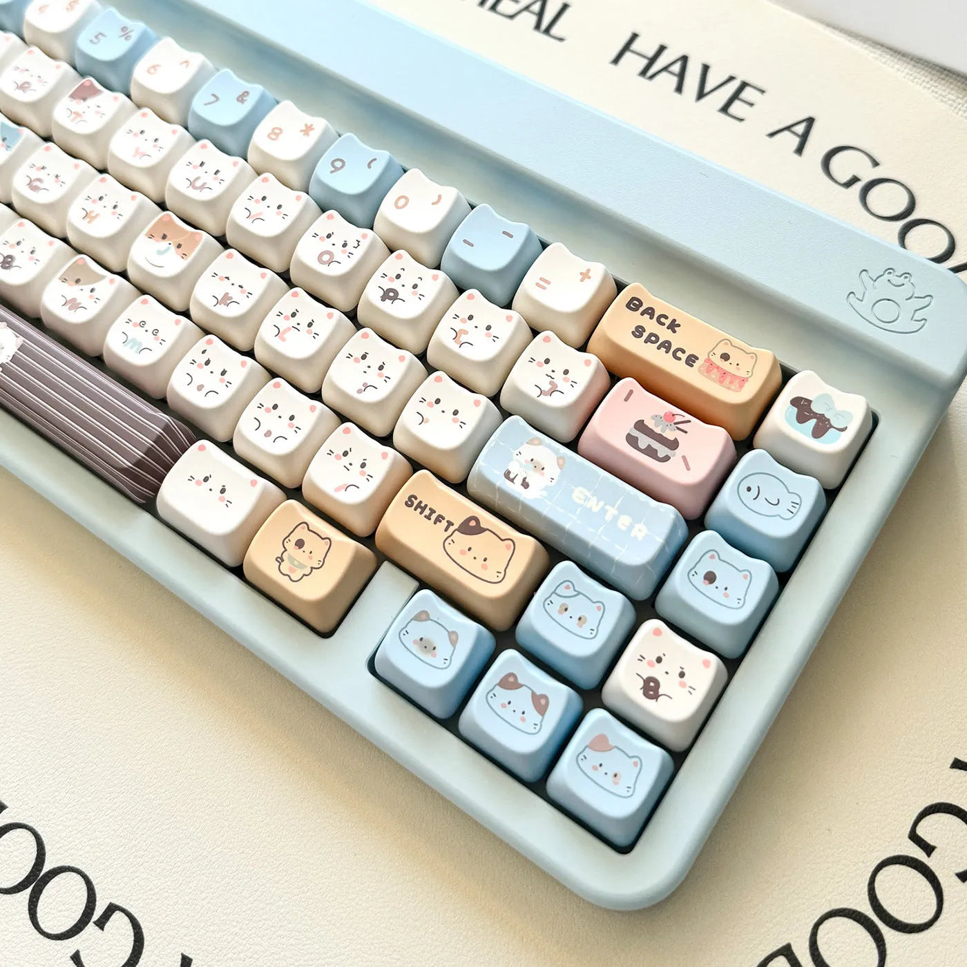 Sea Salt Cat theme PBT keycaps for mechanical keyboards showing sublimation printed artwork