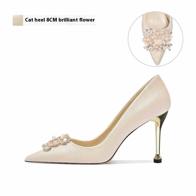 Pointed-toe crystal bridal high heel shoe with rhinestones on a cloth upper, shown with a cat heel and a stiletto heel option.