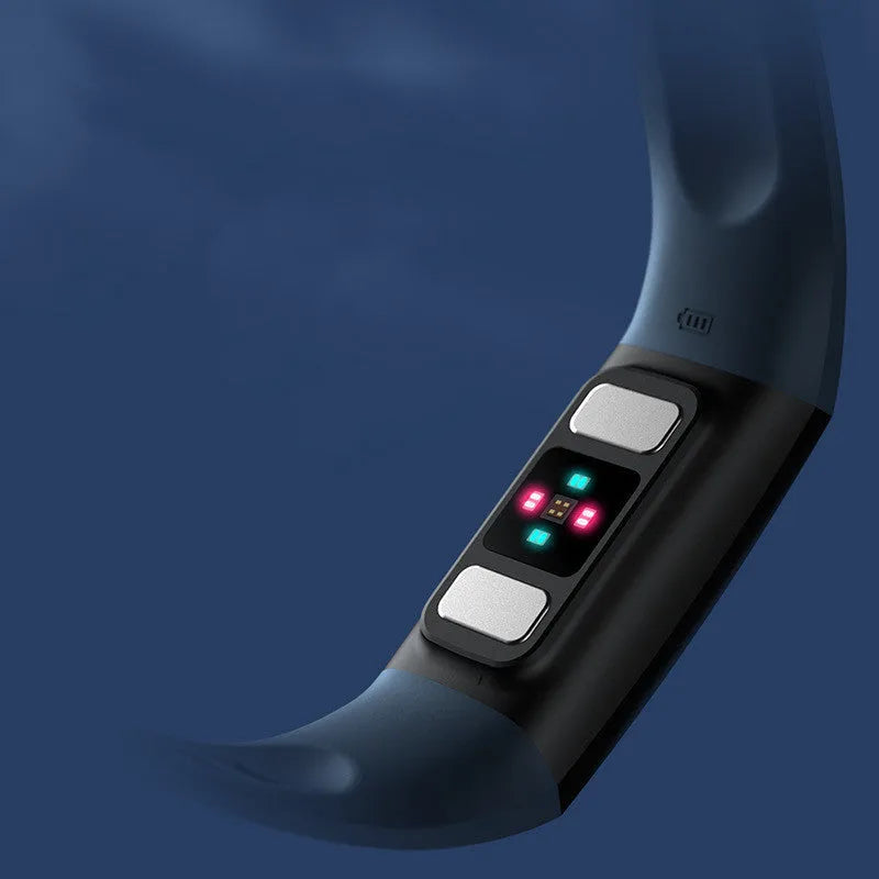 Black smart health bracelet with blood pressure and ECG monitoring on wrist showing 1.1-inch display screen